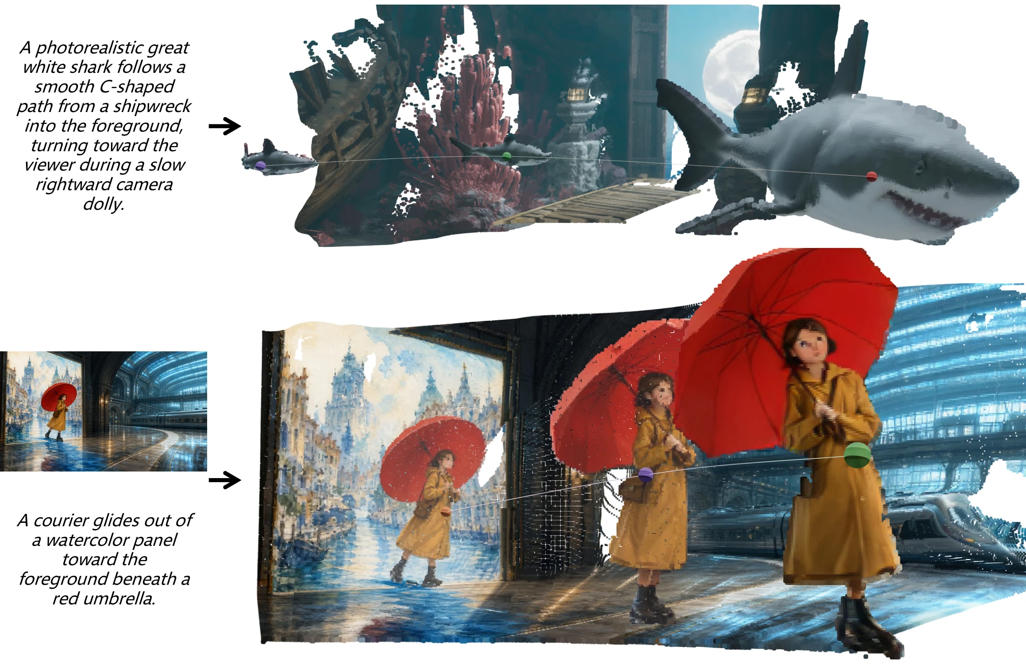 Text-to-4D shark scene and image-to-4D red umbrella courier scene reconstructed as dynamic point clouds